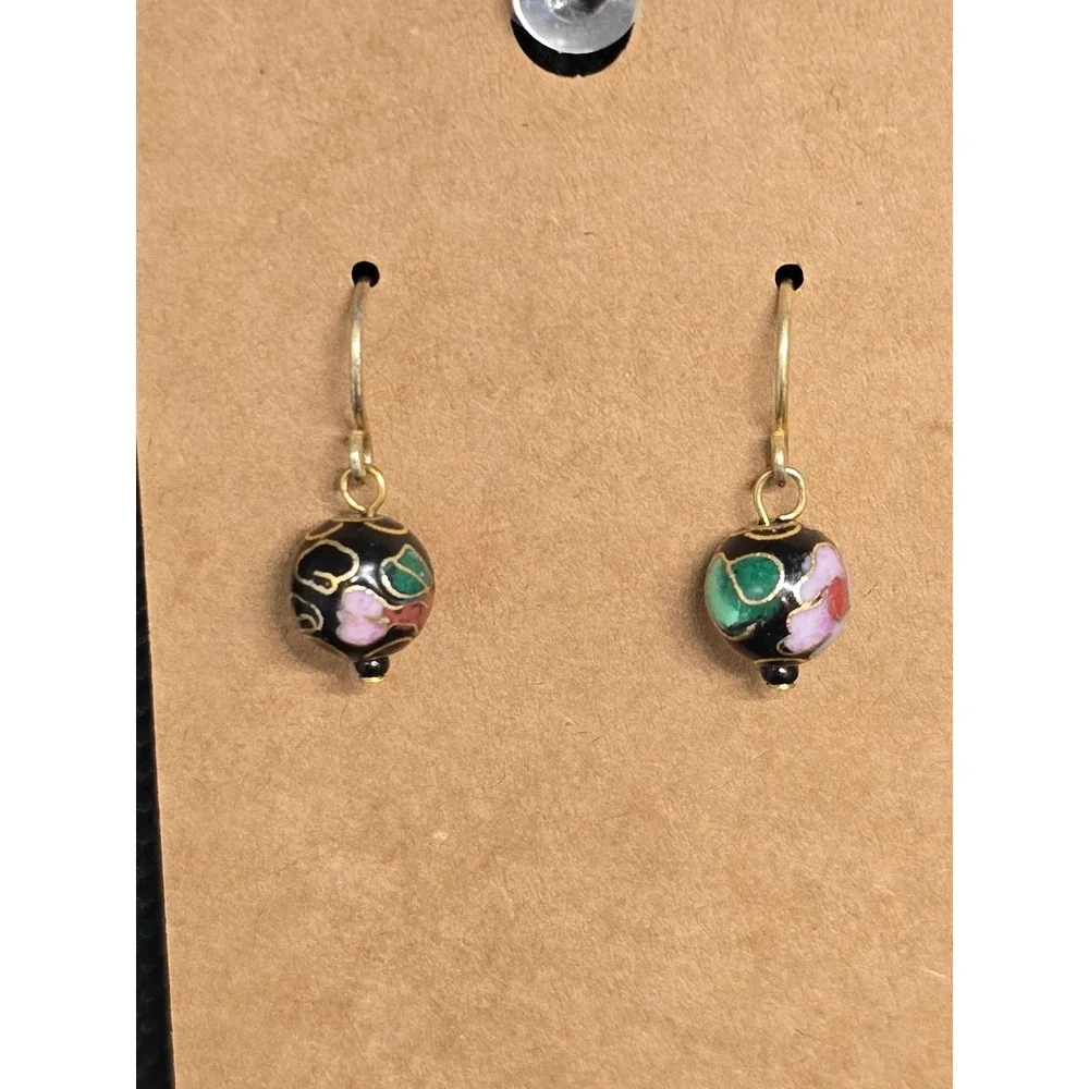 Vintage Cloisienne Floral Bead Drop Earrings Black Enamel Gold Tone French Wire